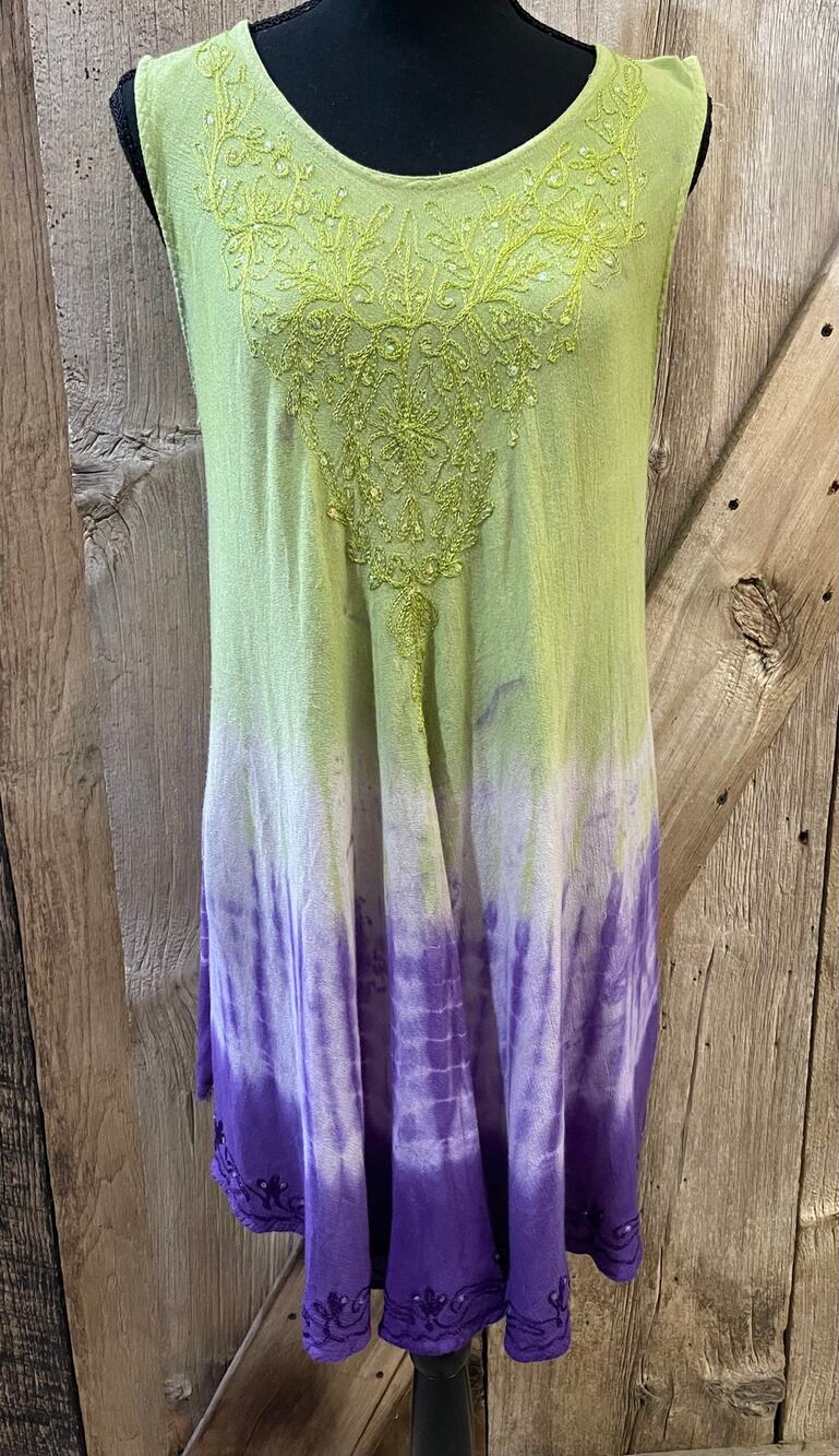 Advance Apparels Dress Womens Free Size Green Purple Tie Dyed Embroidered